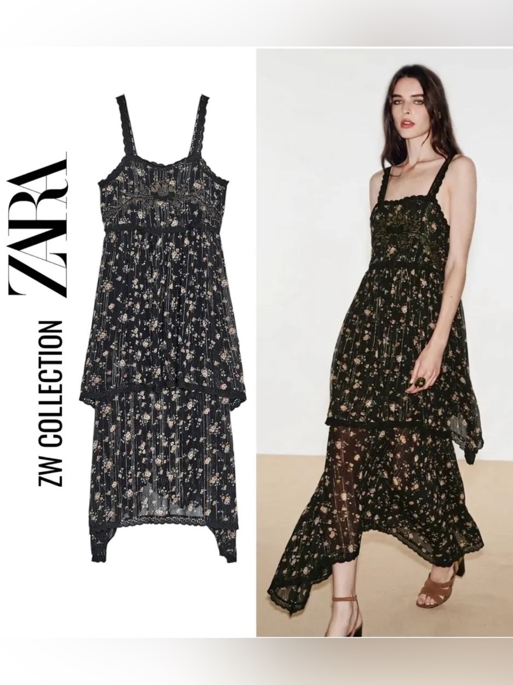 Zara ZW Collection Black Floral Tiered Midi Dress